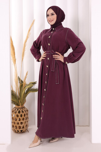 Gold Düğmeli Elbise 7065 Mürdüm - 3