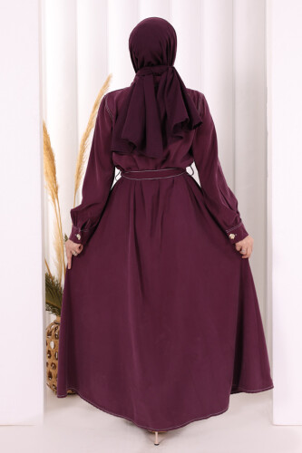 Gold Düğmeli Elbise 7065 Mürdüm - 5