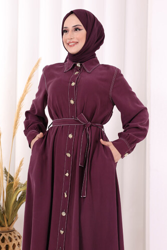 Gold Düğmeli Elbise 7065 Mürdüm - 6