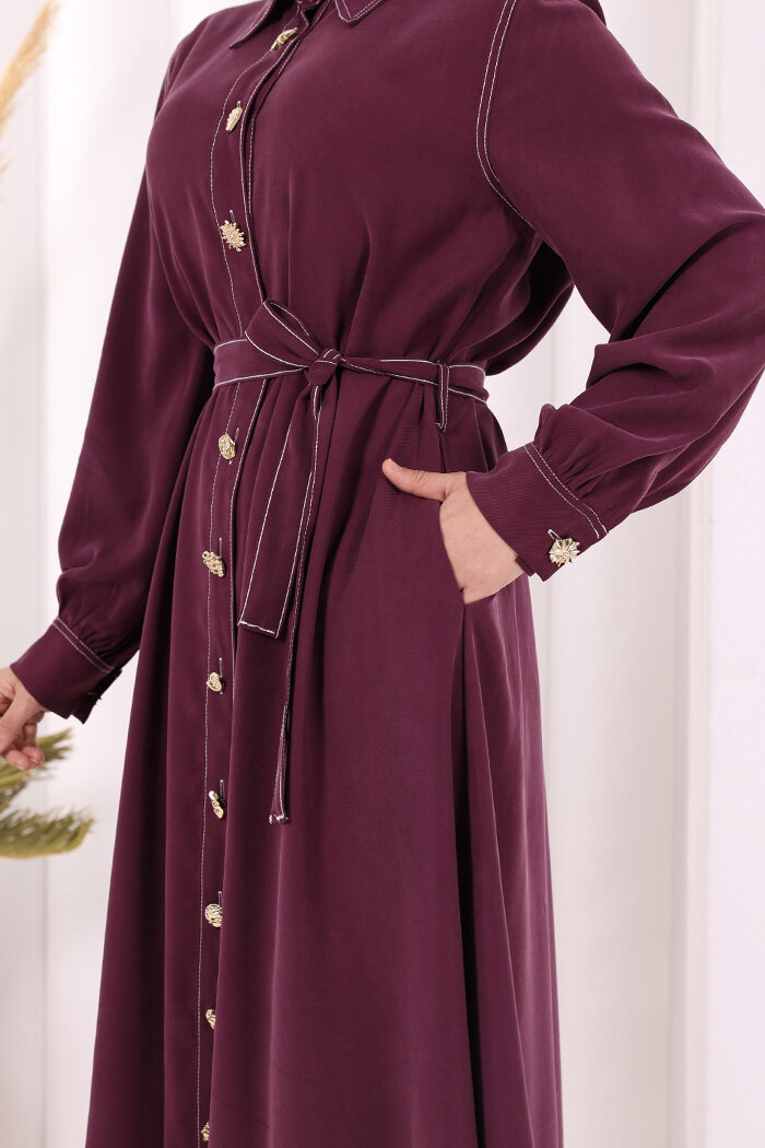 Gold Düğmeli Elbise 7065 Mürdüm - 7