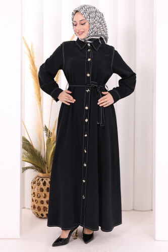Gold Düğmeli Elbise 7065 Siyah