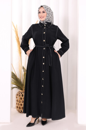 Gold Düğmeli Elbise 7065 Siyah - 2