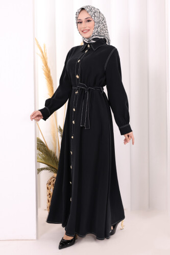 Gold Düğmeli Elbise 7065 Siyah - 3