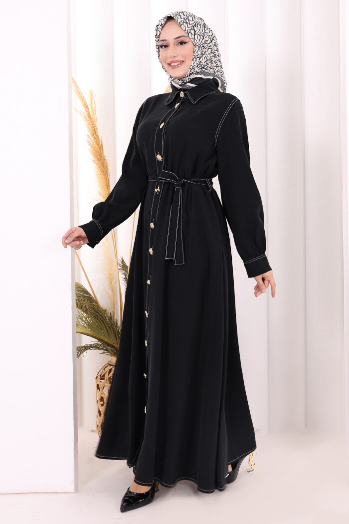 Gold Düğmeli Elbise 7065 Siyah - 3