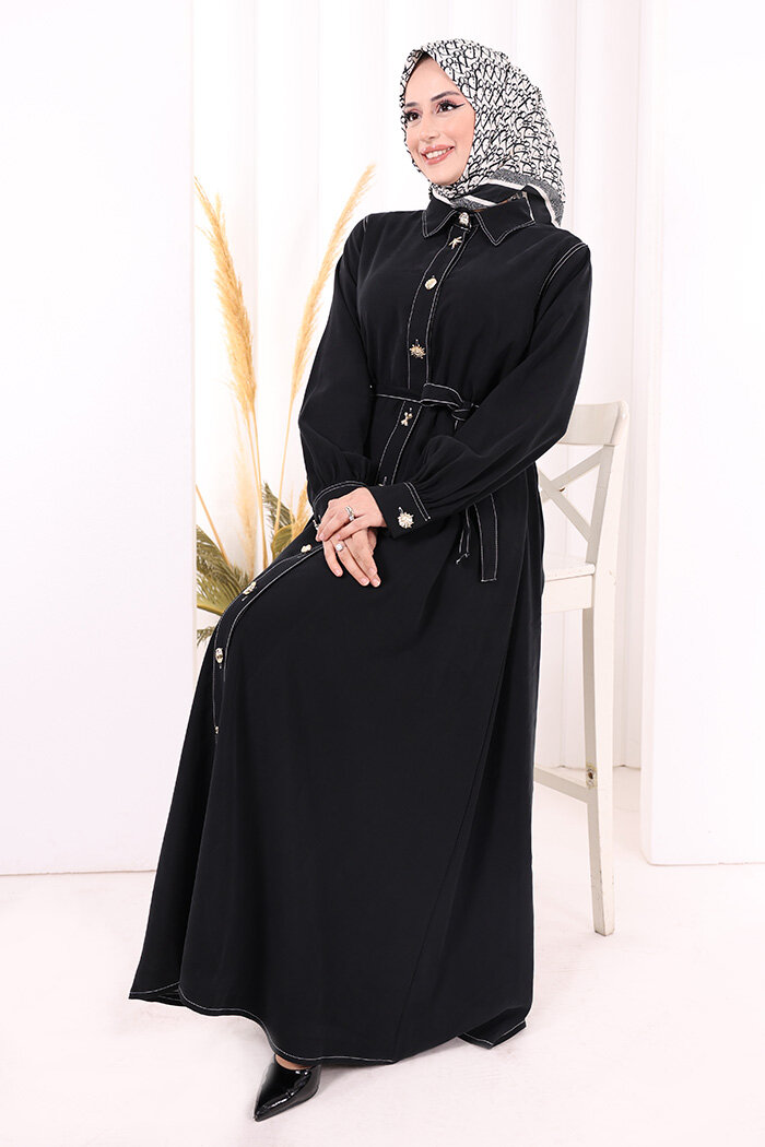 Gold Düğmeli Elbise 7065 Siyah - 5