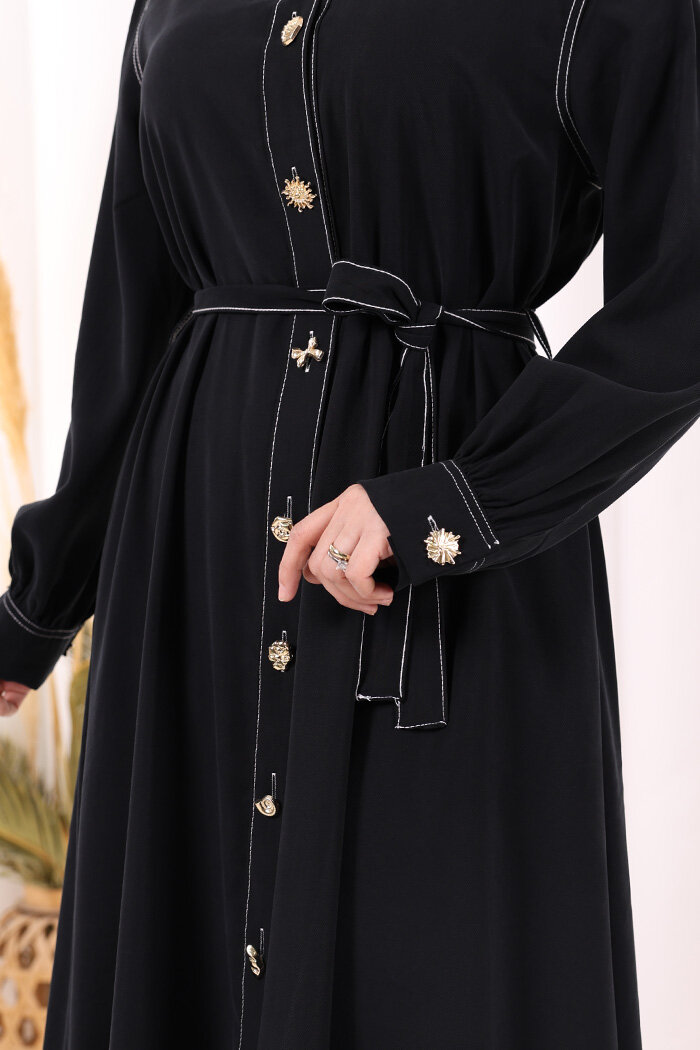 Gold Düğmeli Elbise 7065 Siyah - 7