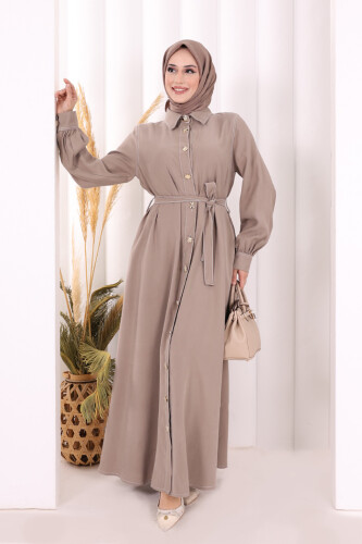 Gold Düğmeli Elbise 7065 Vizon