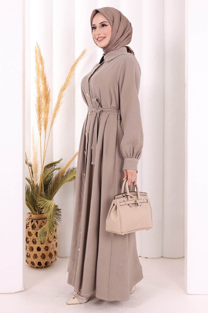 Gold Düğmeli Elbise 7065 Vizon - 2