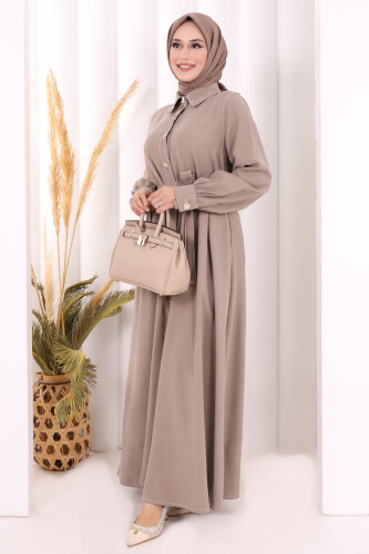 Gold Düğmeli Elbise 7065 Vizon - 3