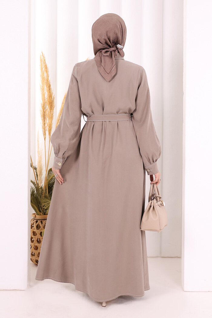 Gold Düğmeli Elbise 7065 Vizon - 4