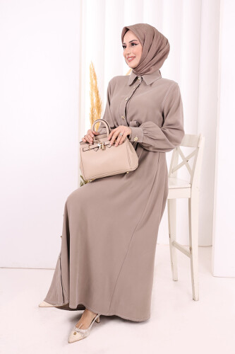 Gold Düğmeli Elbise 7065 Vizon - 6