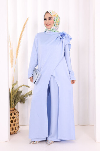 Gül Broşlu Uzun Tunik Pantolon İkili Takım 8010 Mavi - 2