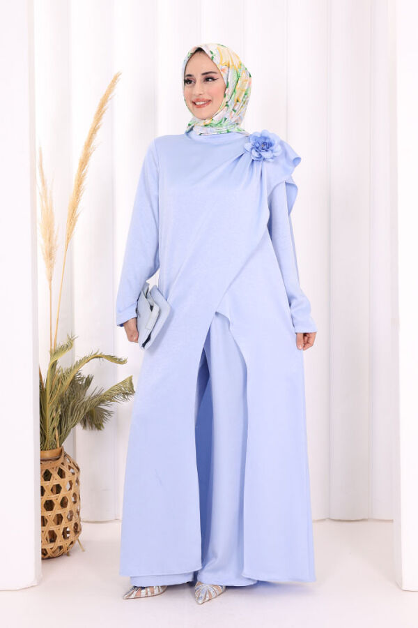 Gül Broşlu Uzun Tunik Pantolon İkili Takım 8010 Mavi - 2