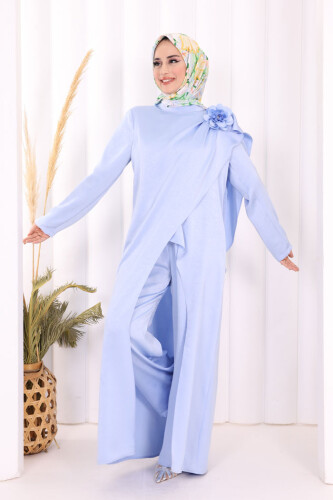 Gül Broşlu Uzun Tunik Pantolon İkili Takım 8010 Mavi - 3