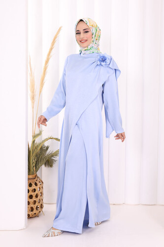 Gül Broşlu Uzun Tunik Pantolon İkili Takım 8010 Mavi - 4
