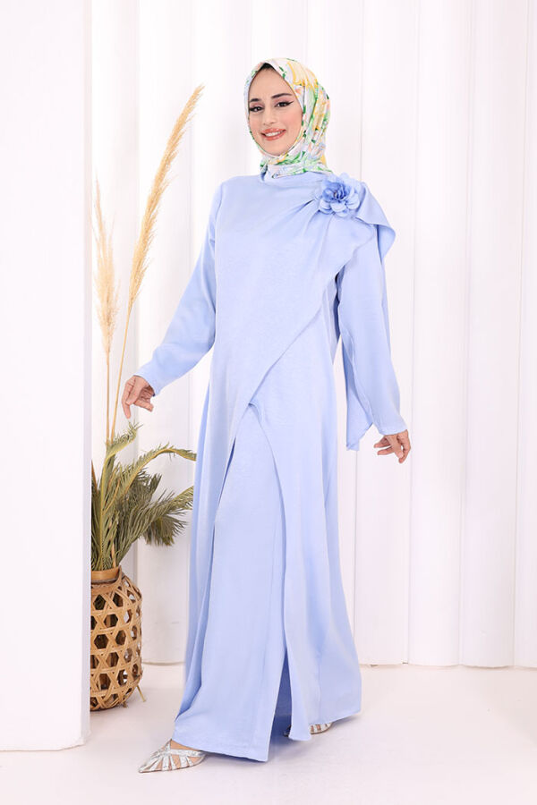 Gül Broşlu Uzun Tunik Pantolon İkili Takım 8010 Mavi - 4