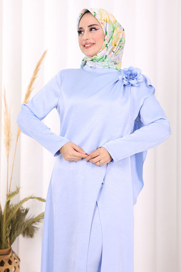 Gül Broşlu Uzun Tunik Pantolon İkili Takım 8010 Mavi - 7