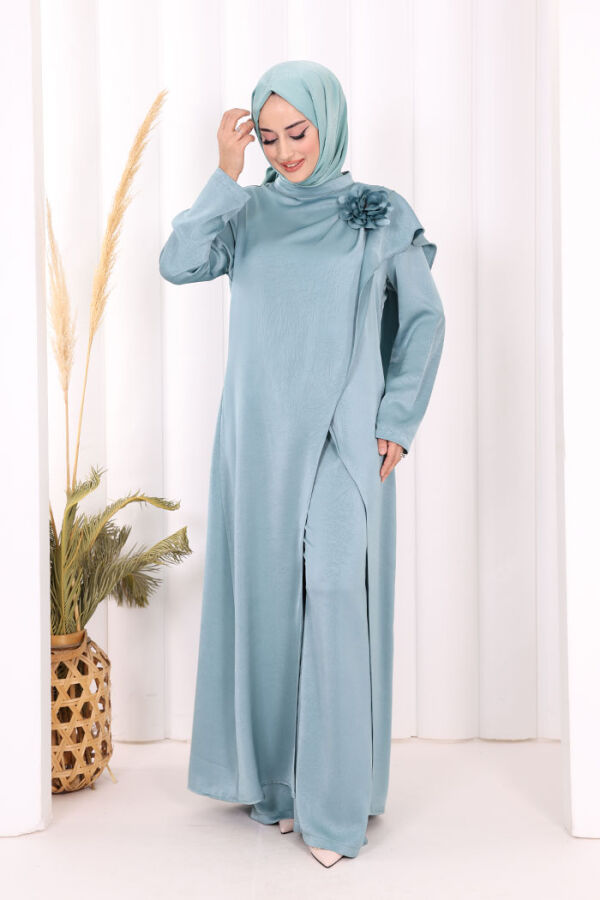 Gül Broşlu Uzun Tunik Pantolon İkili Takım 8010 Mint - 1