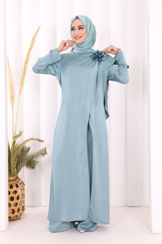 Gül Broşlu Uzun Tunik Pantolon İkili Takım 8010 Mint - 2