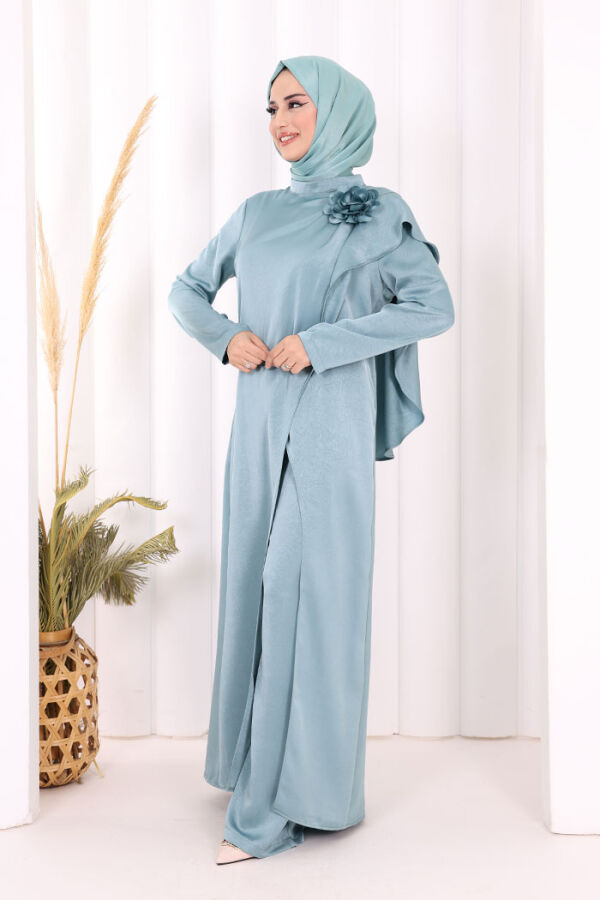 Gül Broşlu Uzun Tunik Pantolon İkili Takım 8010 Mint - 3