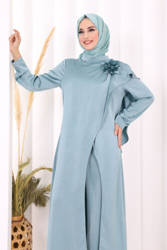 Gül Broşlu Uzun Tunik Pantolon İkili Takım 8010 Mint - 5