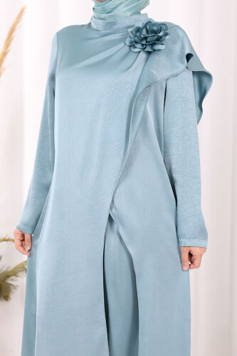Gül Broşlu Uzun Tunik Pantolon İkili Takım 8010 Mint - 6