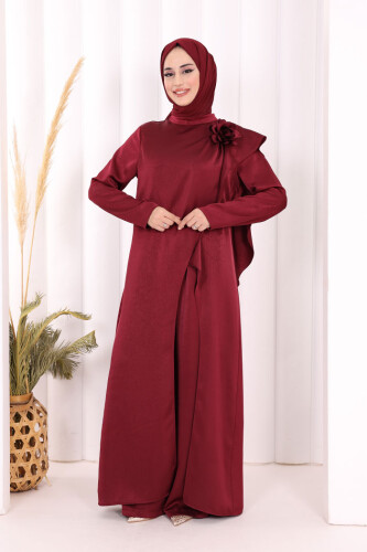 Gül Broşlu Uzun Tunik Pantolon İkili Takım 8010 Mürdüm 