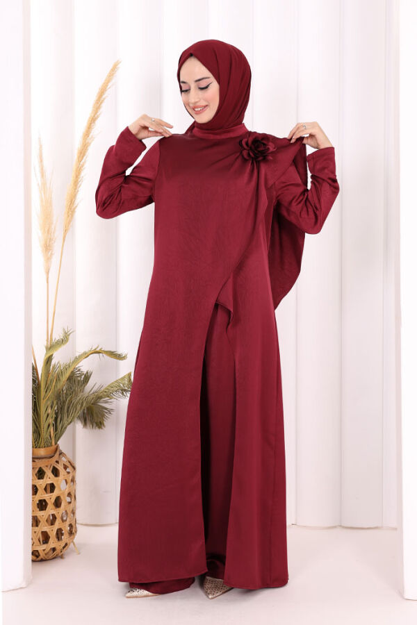 Gül Broşlu Uzun Tunik Pantolon İkili Takım 8010 Mürdüm - 2