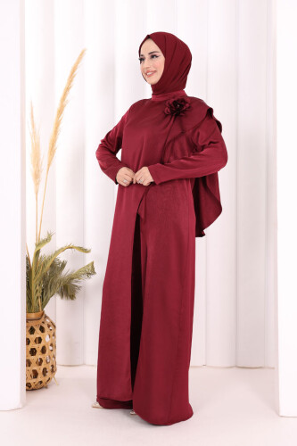 Gül Broşlu Uzun Tunik Pantolon İkili Takım 8010 Mürdüm - 3