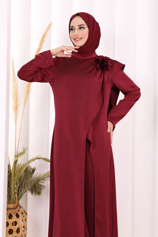 Gül Broşlu Uzun Tunik Pantolon İkili Takım 8010 Mürdüm - 5