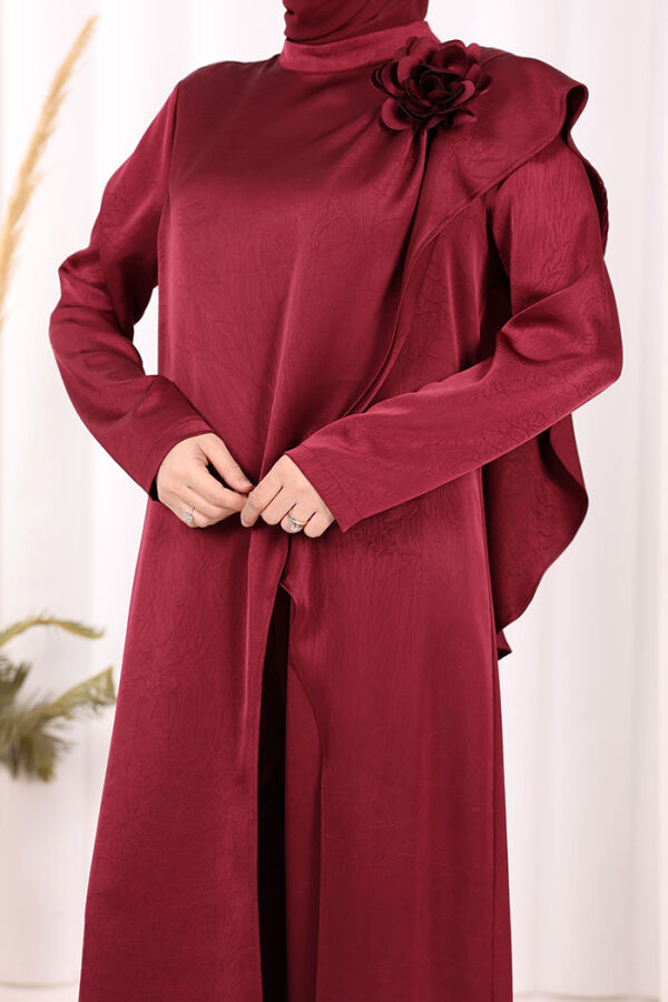 Gül Broşlu Uzun Tunik Pantolon İkili Takım 8010 Mürdüm - 6