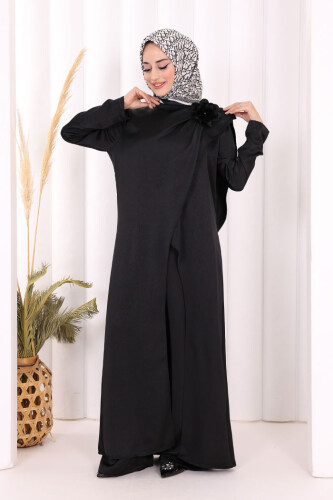 Gül Broşlu Uzun Tunik Pantolon İkili Takım 8010 Siyah 