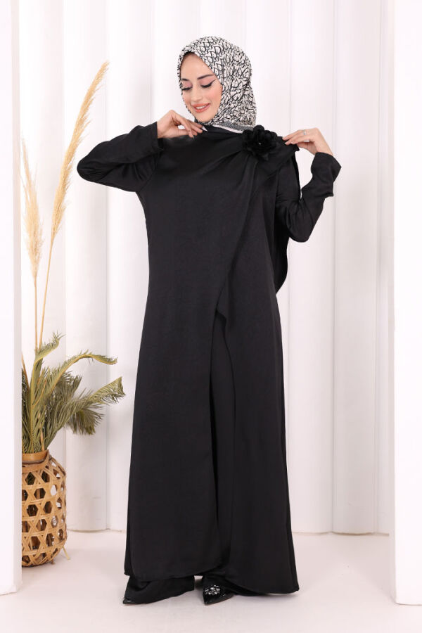 Gül Broşlu Uzun Tunik Pantolon İkili Takım 8010 Siyah - 1