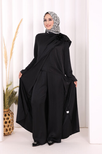 Gül Broşlu Uzun Tunik Pantolon İkili Takım 8010 Siyah - 4