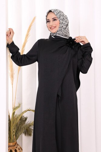 Gül Broşlu Uzun Tunik Pantolon İkili Takım 8010 Siyah - 6