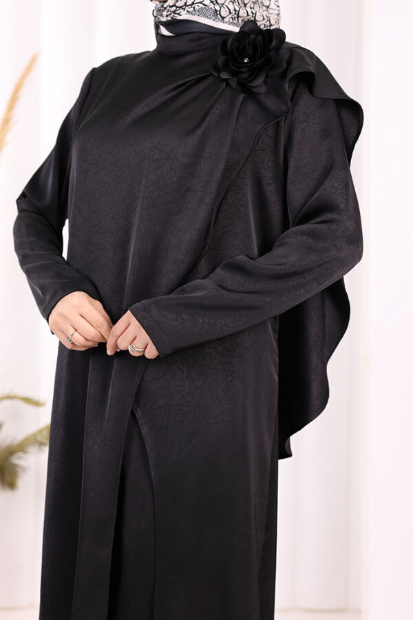 Gül Broşlu Uzun Tunik Pantolon İkili Takım 8010 Siyah - 7