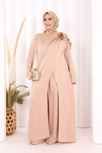 Gül Broşlu Uzun Tunik Pantolon İkili Takım 8010 Vizon 