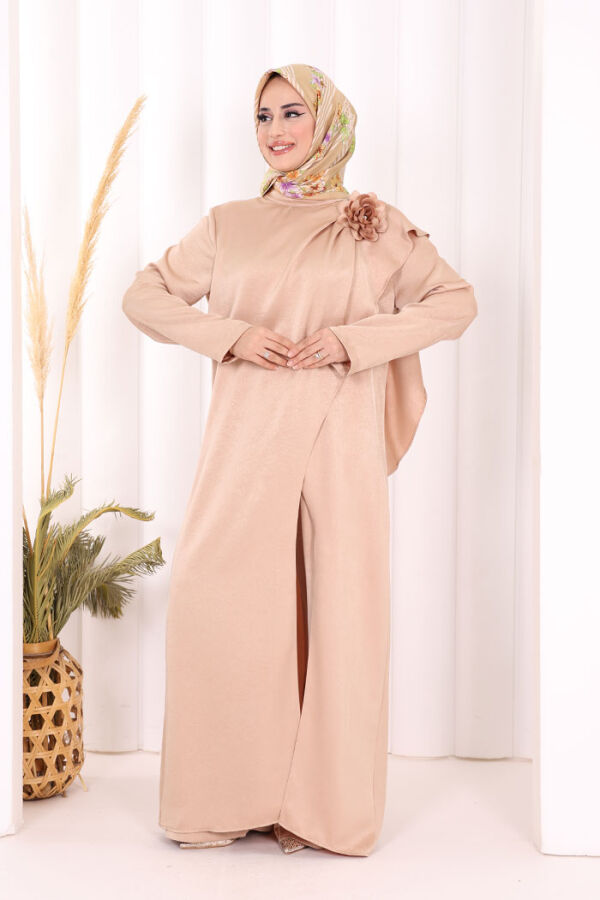 Gül Broşlu Uzun Tunik Pantolon İkili Takım 8010 Vizon - 2