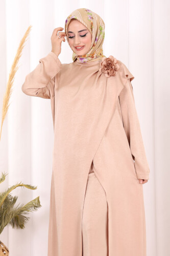 Gül Broşlu Uzun Tunik Pantolon İkili Takım 8010 Vizon - 5