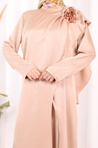 Gül Broşlu Uzun Tunik Pantolon İkili Takım 8010 Vizon - 6