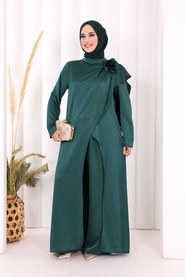 Gül Broşlu Uzun Tunik Pantolon İkili Takım 8010 Zümrüt - 1