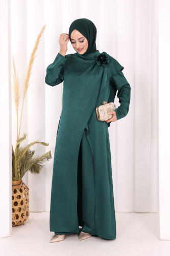Gül Broşlu Uzun Tunik Pantolon İkili Takım 8010 Zümrüt - 2