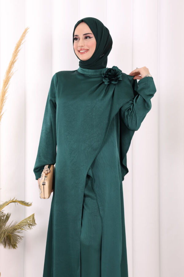 Gül Broşlu Uzun Tunik Pantolon İkili Takım 8010 Zümrüt - 5