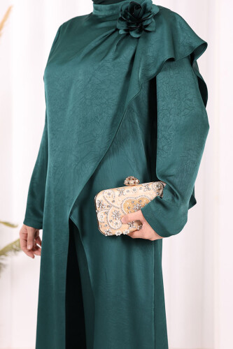 Gül Broşlu Uzun Tunik Pantolon İkili Takım 8010 Zümrüt - 6