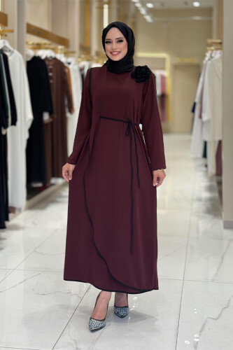 Gül Detaylı Elbise 3976 Bordo - Bym Fashion