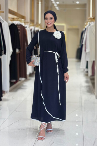 Gül Detaylı Elbise 3976 Lacivert - Bym Fashion