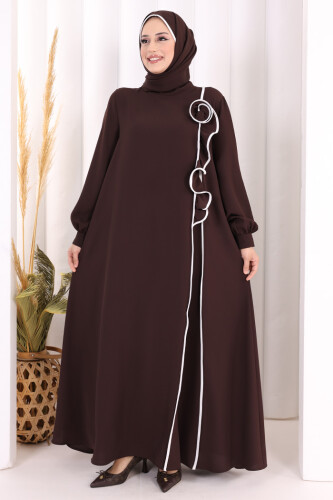 Gül ve Şerit Detaylı Elbise Şal Hediyeli 6065 Kahverengi