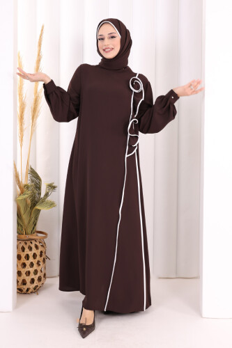 Gül ve Şerit Detaylı Elbise Şal Hediyeli 6065 Kahverengi - 2