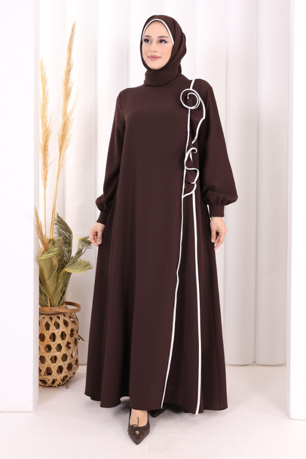 Gül ve Şerit Detaylı Elbise Şal Hediyeli 6065 Kahverengi - 3