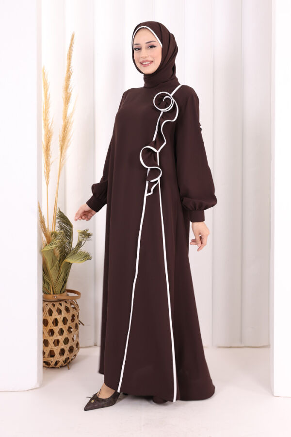 Gül ve Şerit Detaylı Elbise Şal Hediyeli 6065 Kahverengi - 4